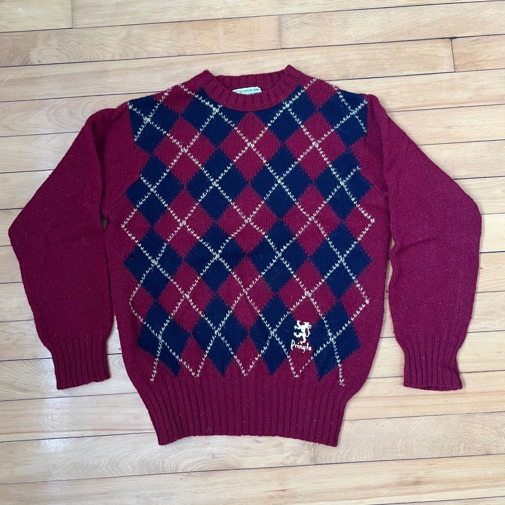 Pringle of Scotland The Scotch House Argyle Sweater Burgundy Navy Mens XL